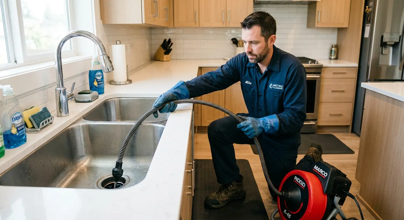 Drain cleaning technician using a motorized snake on a kitchen sink in Harrison