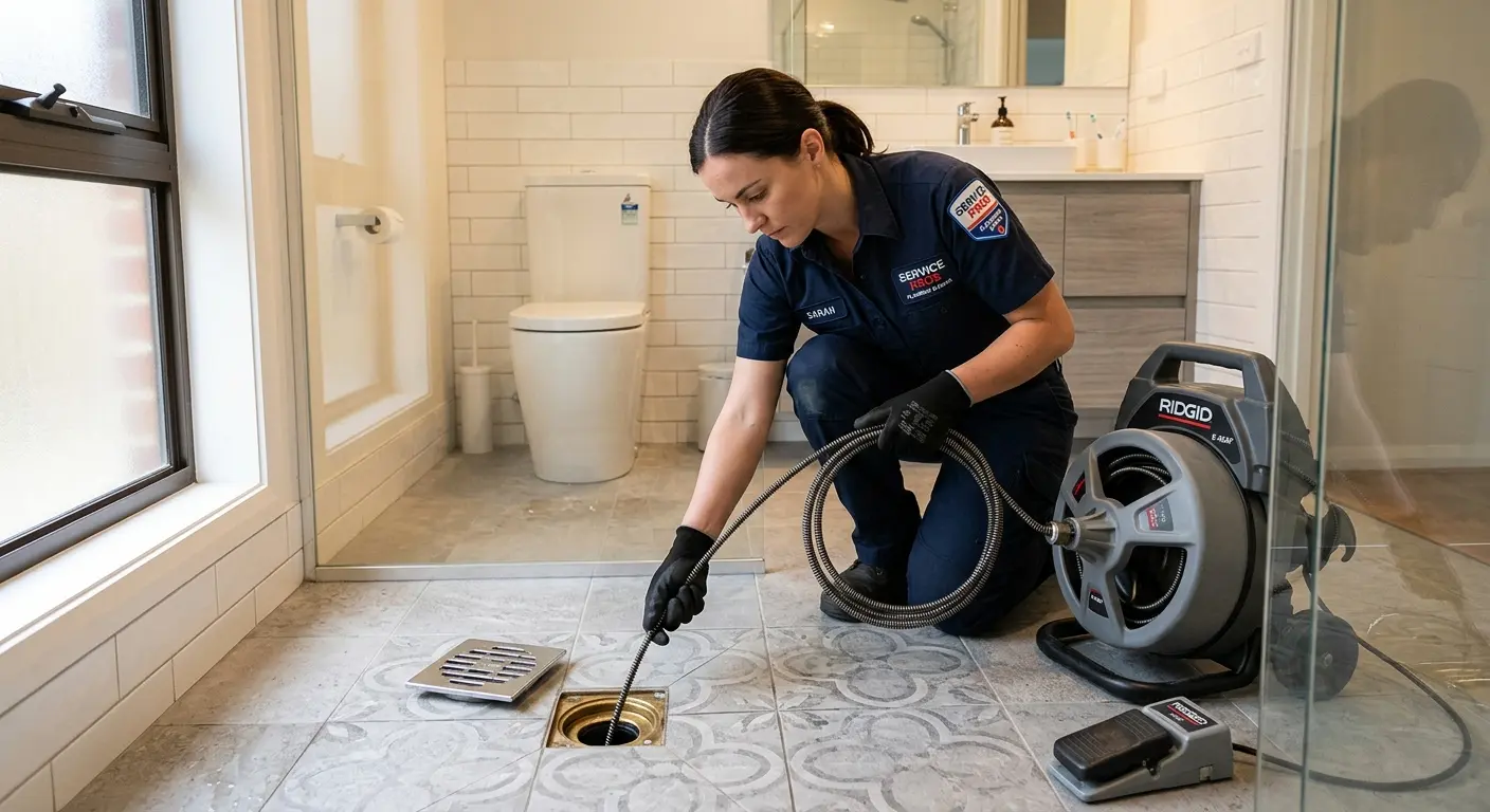 Technician clearing a bathroom floor drain for Sewer Line Replacement in Harrison